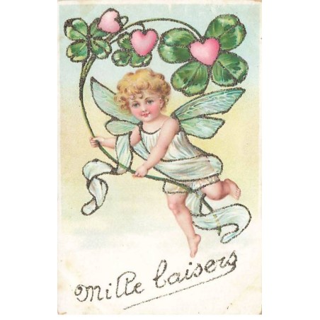 n°26234 - Carte Gaufrée avec Paillettes - Ange - Mille baisers - Ange portant des trèfles