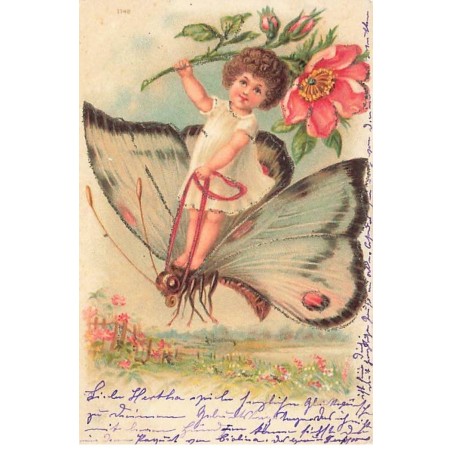 n°26235 - Carte avec Paillettes - Fillette tenant une rose, debout sur le dos d'un papillon