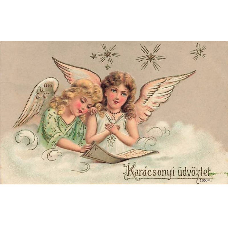 n°26239 - Carte Gaufrée - Karacsonyi üdvözlet - Anges lisant un parchemin