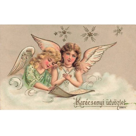 n°26239 - Carte Gaufrée - Karacsonyi üdvözlet - Anges lisant un parchemin