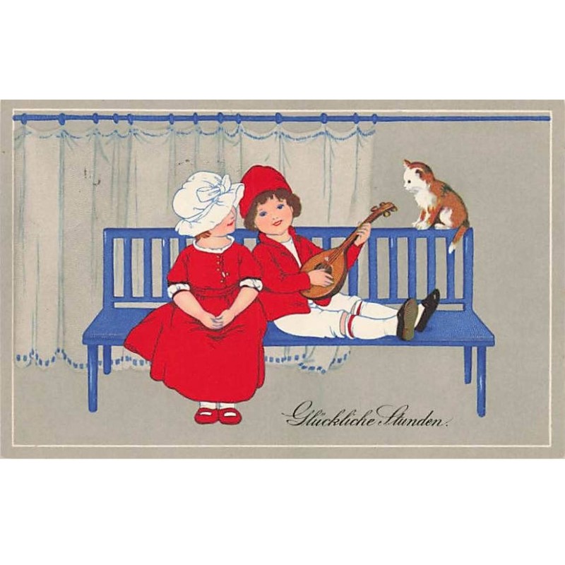 n°26241 - Fantaisie - Glückliche Stundden - Garçon jouant de la mandoline pour une jeune fille et un chat
