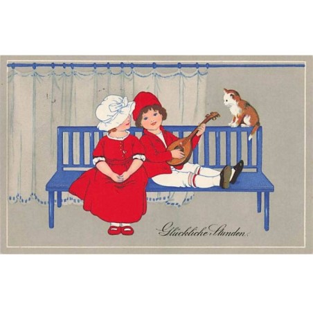 n°26241 - Fantaisie - Glückliche Stundden - Garçon jouant de la mandoline pour une jeune fille et un chat