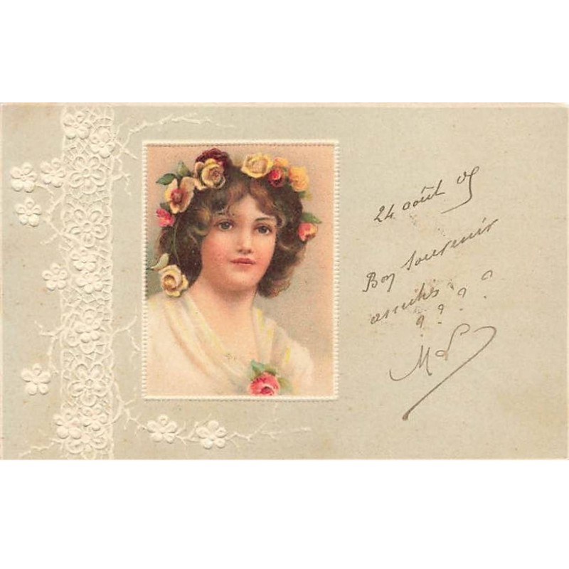 n°26242 - Carte Gaufrée - Fantaisie - Portrait d'une jeune femme portant une couronne de roses