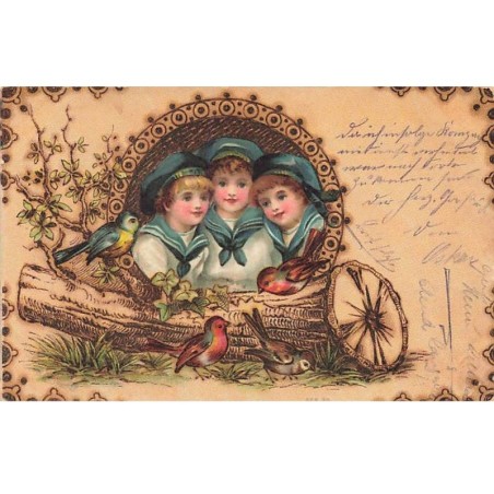 n°26244 - Fantaisie - Imitation bois - Trois garçons regardant des oiseaux