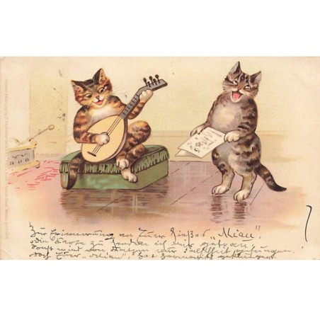 n°26246 - Animaux - Style Wain - Chats, l'un jouant de la mandoline, l'autre chantant