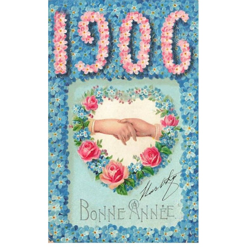 n°26258 - Carte Gaufrée - Bonne Année 1906 - Mains se tenant, roses et myosotis