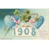 n°26259 - Carte Gaufrée - Bonne Année 1908 - Colombes, coeurs en myosotis et trèfles