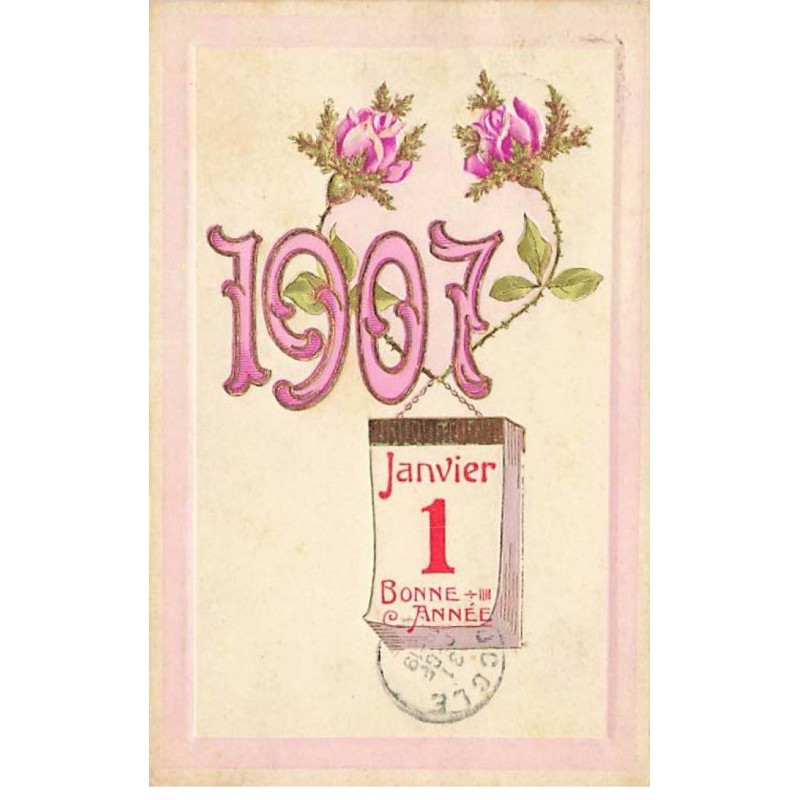 n°26260 - Carte Gaufrée - Bonne Année 1907 - Roses