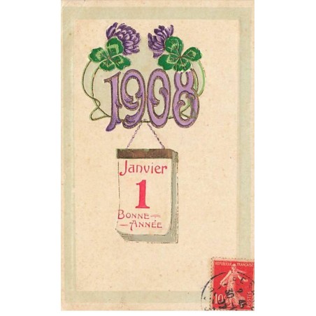 n°26263 - Carte Gaufrée - Bonne Année 1908 - Ephéméride, trèfles