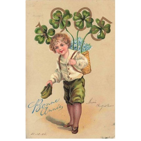 n°26264 - Carte Gaufrée - Bonne Année - Jeune garçon portant une hotte remplie de myosotis