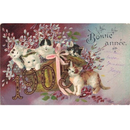 n°26265 - Nouvel An - Bonne Année 1905 - Chats dans un panier au milieu de violettes