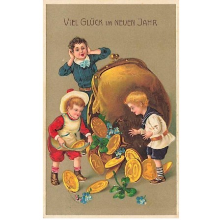 n°26268 - Carte Gaufrée - Nouvel An - Enfants récupérant les pièces sortant d'un porte-monnaie
