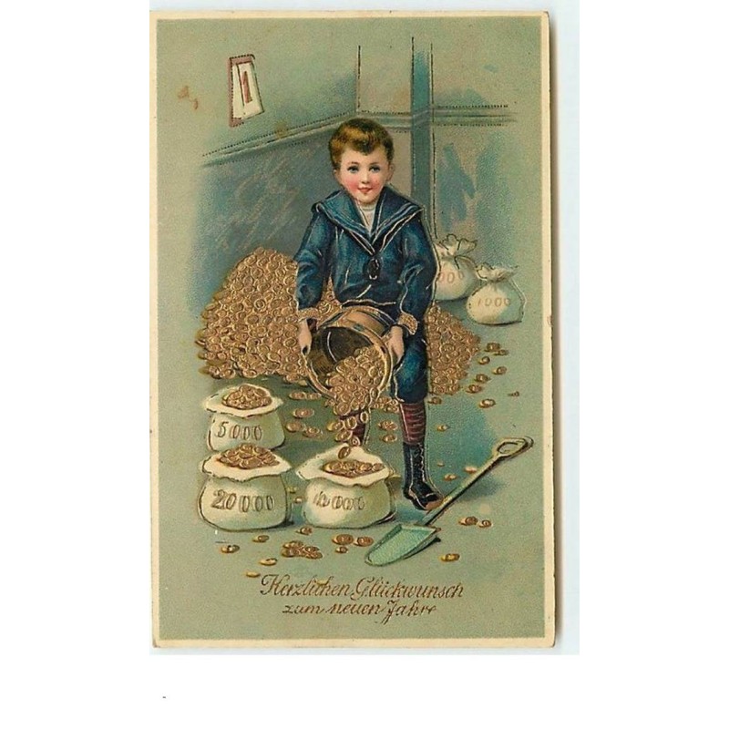 n°12786 - Carte Gaufrée - Herzlichen Glückwunsch zum neuen Jahre - Garçon remplissant des sacs de pièces d'or