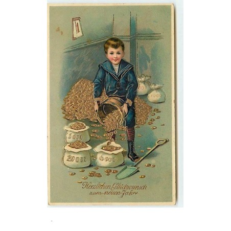 n°12786 - Carte Gaufrée - Herzlichen Glückwunsch zum neuen Jahre - Garçon remplissant des sacs de pièces d'or