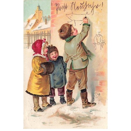 n°26271 - Carte Gaufrée - Nouvel An - Serie 3523 - Enfants regardant un autre dessinant sur un mur