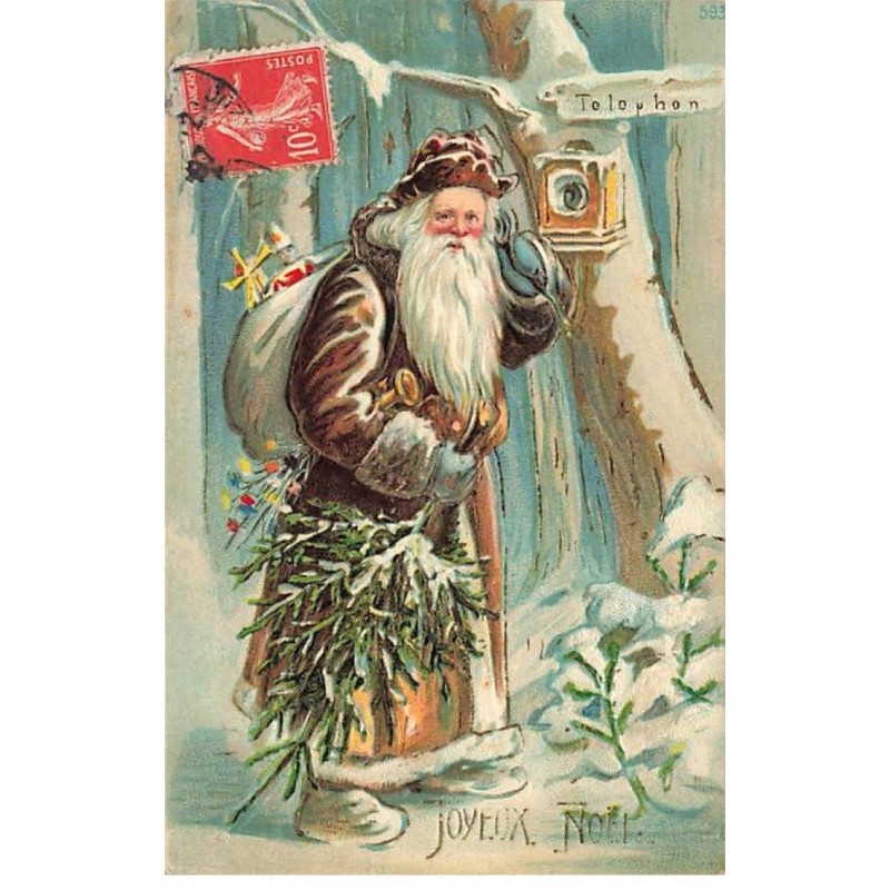 n°26273 - Carte Gaufrée - Joyeux Noël - Père Noël au téléphone