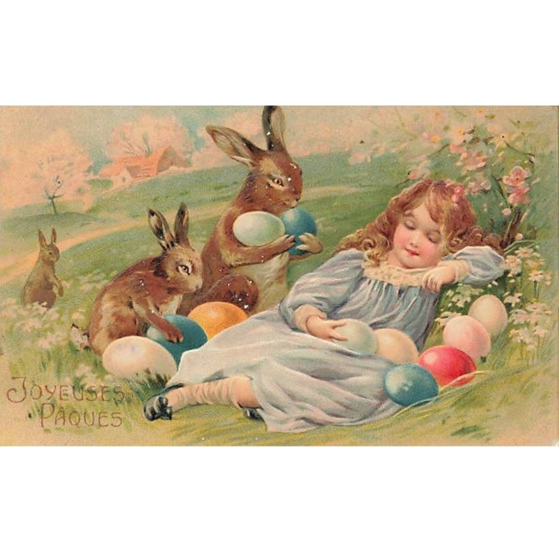 n°26276 - Carte Gaufrée - Joyeuses Pâques - Des lièvres déposant des oeufs près d'une fillette endormie