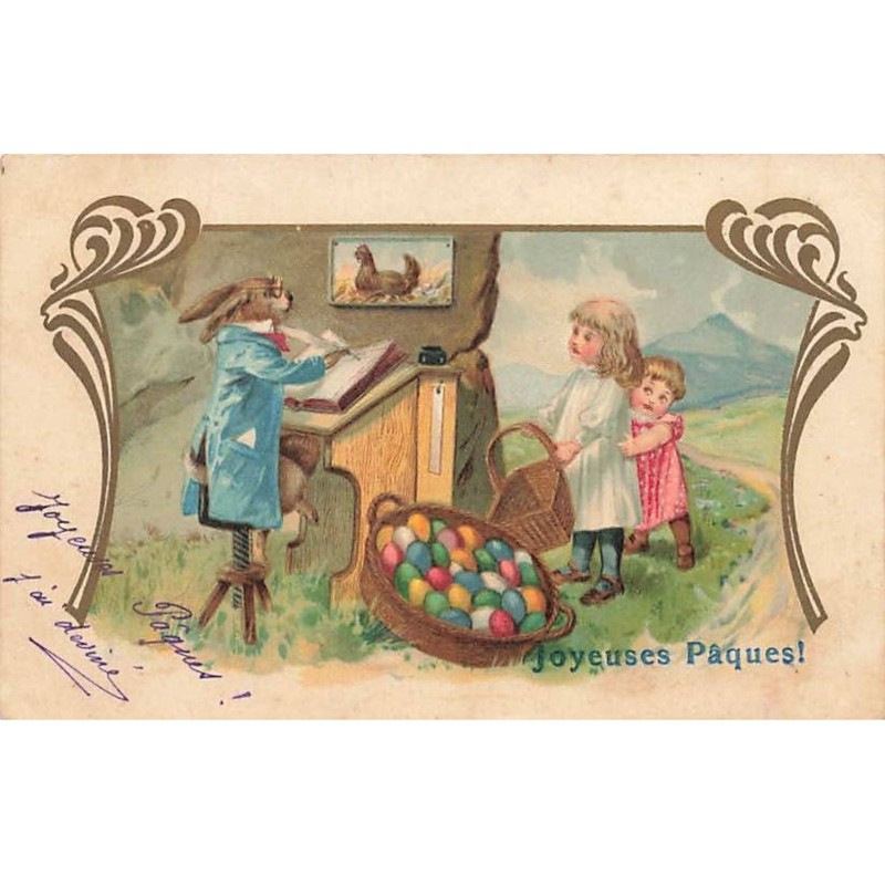 n°26277 - Joyeuses Pâques - Fillettes venant prendre des oeufs auprès d'un lièvre