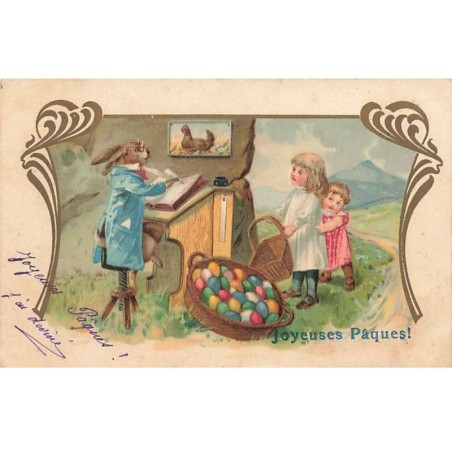 n°26277 - Joyeuses Pâques - Fillettes venant prendre des oeufs auprès d'un lièvre