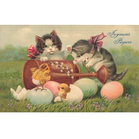 n°26278 - Carte Gaufrée - Joyeuses Pâques - Chatons regardant des poussins sortant de leurs oeufs - Chat