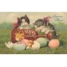 n°26278 - Carte Gaufrée - Joyeuses Pâques - Chatons regardant des poussins sortant de leurs oeufs - Chat