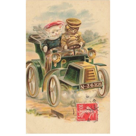 n°26291 - Fantaisie - Animaux habillés - Couple de chats conduisant une voiture - cat