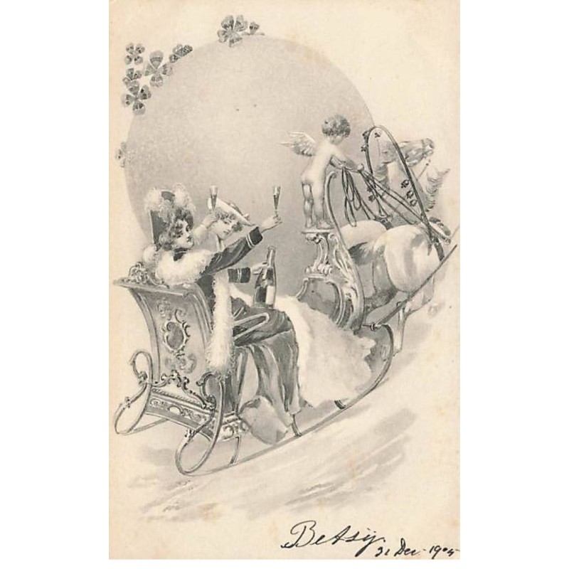 n°26292 - Fantaisie -  Femmes dans un traîneau conduit par un ange, trinquant avec du champagne