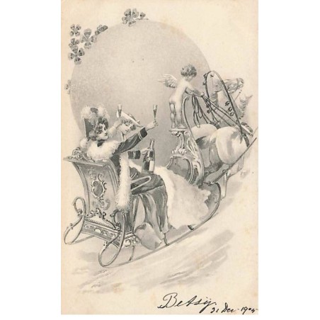 n°26292 - Fantaisie -  Femmes dans un traîneau conduit par un ange, trinquant avec du champagne