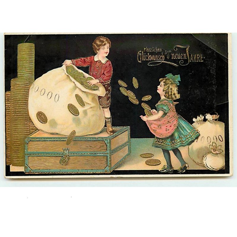 n°12788 - Carte Fantaisie - Herzlichen Glückwunsch zum neuen Jahre - Enfants avec des pièces d'or