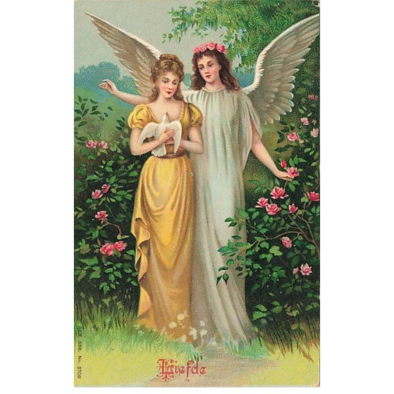 n°26293 - Fantaisie - Liefde - Une femme portant une colombe, protégée par un ange-gardien