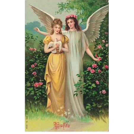 n°26293 - Fantaisie - Liefde - Une femme portant une colombe, protégée par un ange-gardien