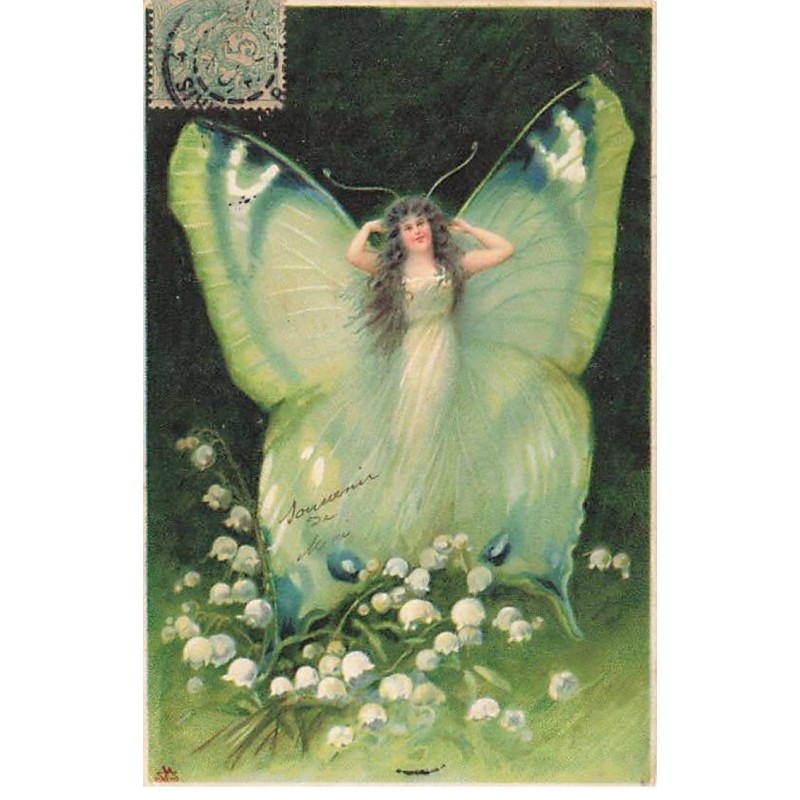 n°26296 - Fantaisie - Femme Papillon Verte - Muguet - Surréalisme