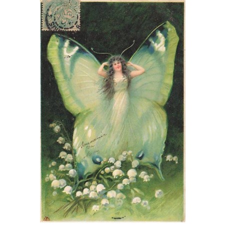 n°26296 - Fantaisie - Femme Papillon Verte - Muguet - Surréalisme