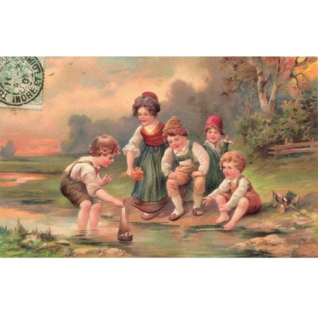 n°26298 - Fantaisie - Carte Gaufrée - Série 6943 - Enfants jouant au bord d'une rivière