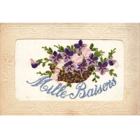 n°26301 - Fantaisie - Carte Brodée - Mille Baisers - Panier rempli de pensées