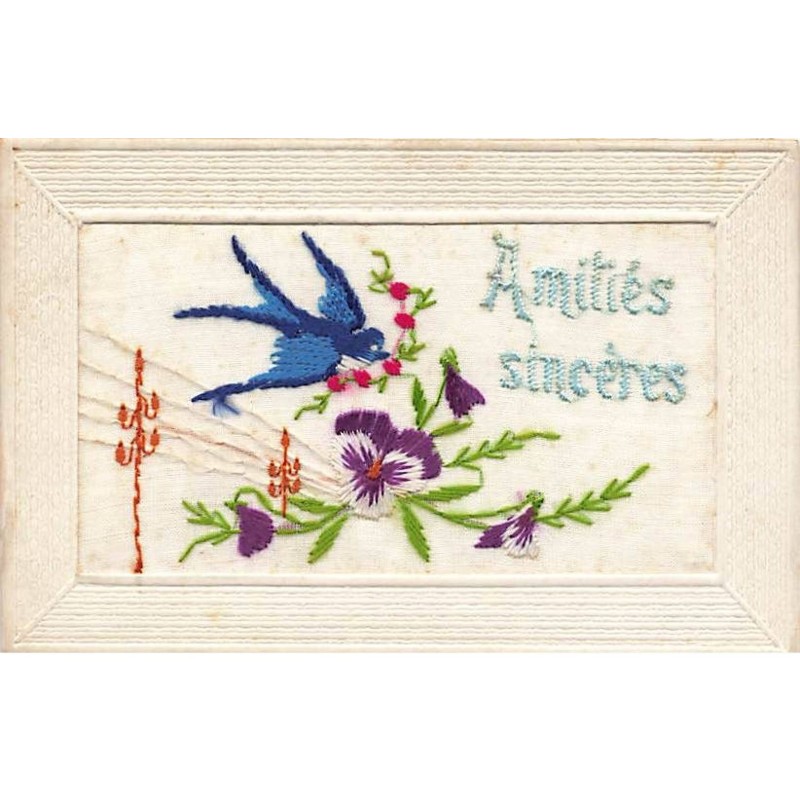 n°26302 - Fantaisie - Carte Brodée - Amitiés Sincères - Hirondelle et une pensée