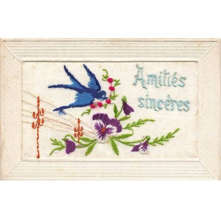 n°26302 - Fantaisie - Carte Brodée - Amitiés Sincères - Hirondelle et une pensée