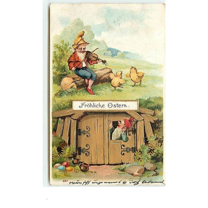 n°12789 - Carte Gaufrée - Fröhliche Ostern - Lutins, l'un jouant du violon pour des poussins