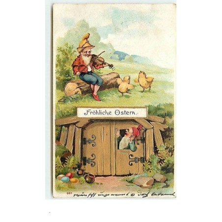 n°12789 - Carte Gaufrée - Fröhliche Ostern - Lutins, l'un jouant du violon pour des poussins