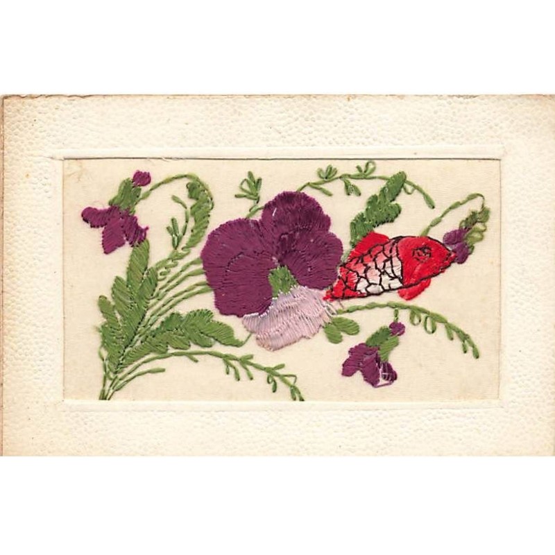 n°26306 - Fantaisie - Carte Brodée - 1er Avril - Poisson au milieu de pensée