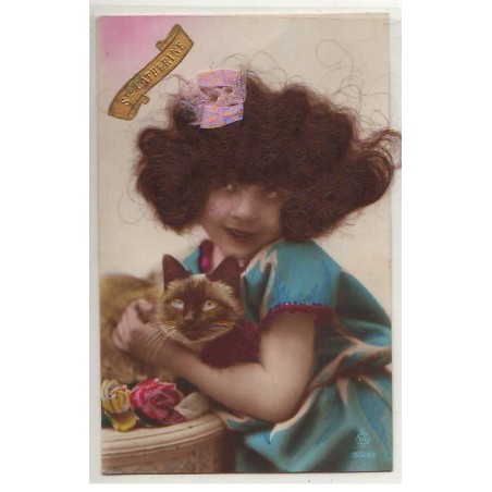 n°26308 - Carte avec cheveux - Sainte-Catherine - Fillette câlinant un chat