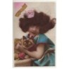 n°26308 - Carte avec cheveux - Sainte-Catherine - Fillette câlinant un chat