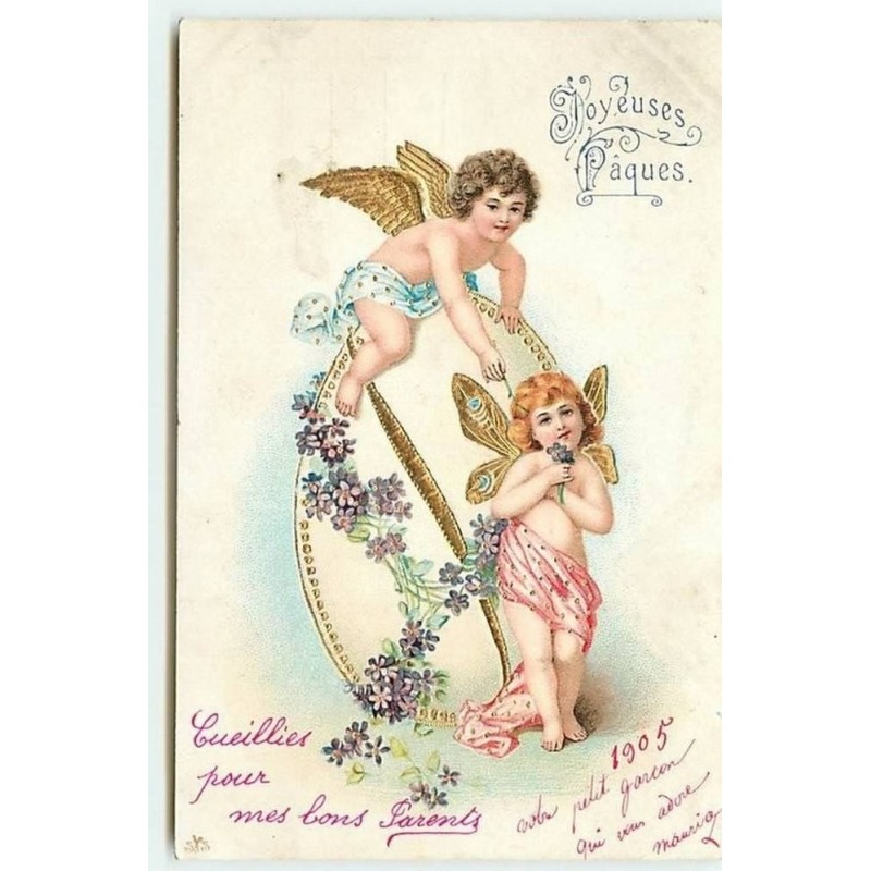 n°10295 - Carte Fantaisie - Joyeuses Pâques - Angelots et oeuf