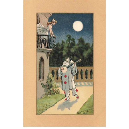 n°26329 - Fantaisie - Pierrot jouant de la mandoline pour Colombine debout sur un balcon