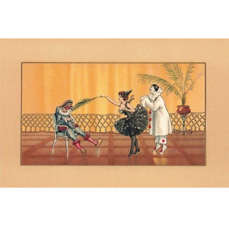 n°26333 - Fantaisie - Colombine chatouillant avec une plume Arlequin, sous le regard de Pierrot
