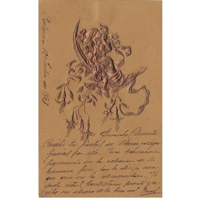 n°26334 - Carte en relief - Fantaisie - Art Nouveau - Profil d'une jeune femme au milieu de fleurs