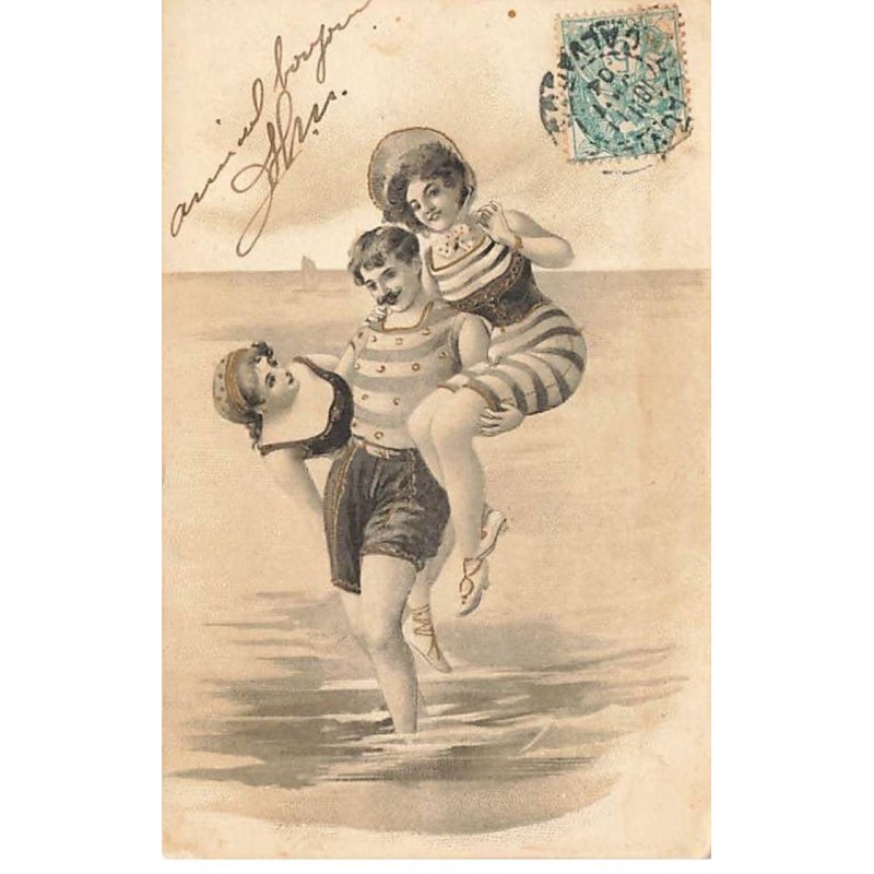 n°26336 - Fantaisie - Baigneur portant deux baigneuses