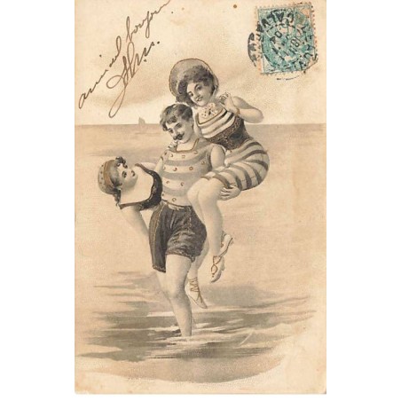 n°26336 - Fantaisie - Baigneur portant deux baigneuses