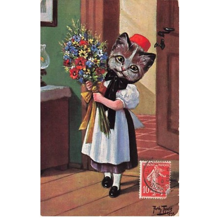 n°26337 - Illustrateur Arthur Thiele - Chatte habillée apportant un bouquet de fleurs des champs - Chat