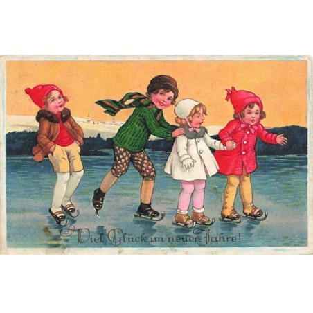 n°26342 - Nouvel An - Style Flatscher - Enfants faisant du patins sur glace